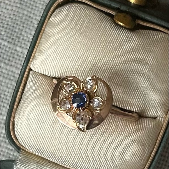 Antique 14k Natural Sapphire and Rose Cut Diamonds Ring - Picture 12 of 16
